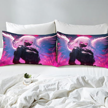 Erosebridal Anime Girl with Wings Bed Sheets Queen Size for Girls Adults, Kids Japanese Virtual Reality Fitted Sheet Cartoon Poster Style Bed Set for Boys Teen Bedroom Decor with 2 Pillowcases