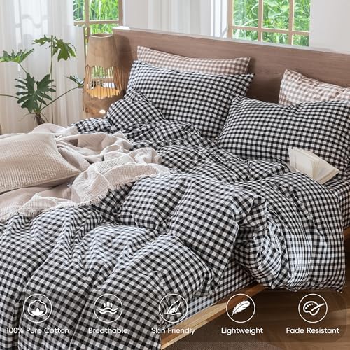 MooMee Gingham Duvet Cover Set 100% Washed Cotton Linen Like