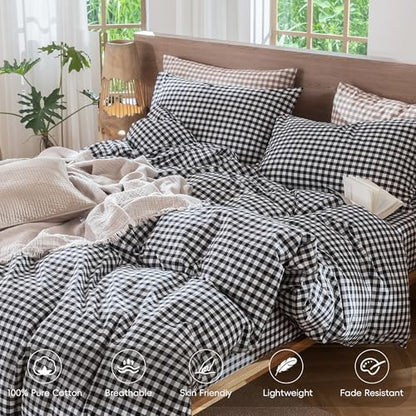 MooMee Gingham Duvet Cover Set 100% Washed Cotton Linen Like