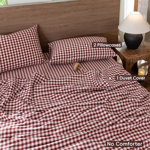 MooMee Gingham Duvet Cover Set 100% Washed Cotton Linen Like
