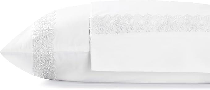 Linen Home 100% Cotton Percale Floral Scallop Lace Pillowcases Queen/Standard Size, White, 2 Pieces of Pillow Case, Crisp and Cool Strong Bed Linen, 20 inches X 30 inches