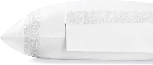 Linen Home 100% Cotton Percale Floral Scallop Lace Pillowcases Queen/Standard Size, White, 2 Pieces of Pillow Case, Crisp and Cool Strong Bed Linen, 20 inches X 30 inches