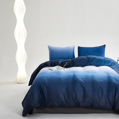 Cottonight Velvet Fluffy Comforter Full Blue Gradient Plush Flannel Bedding Set Women Men Thick Warm Winter Blanket Quilts Sherpa Micromink Ink Color Navy Blue Plush Fashion Bedding