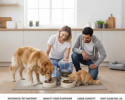 Automatic Cat & Dog Feeder and Water Dispenser Set with Scoop | 1 Gallon Gravity Food Feeder and Waterer Set for Small Medium Puppy and Kitten Pack of 2