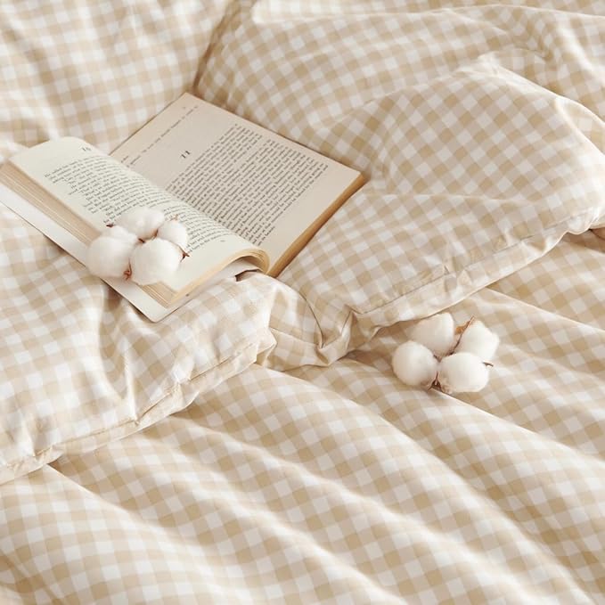 Gingham Comforter Set King Size - 3 Pieces Beige White Gingham Comforter Bedding Sets Checkered Pattern,Kingsize Bed in a Bag with Plaid Comforter and 2 Pillowcases