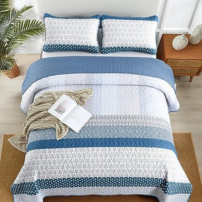 WONGS BEDDING Blue Queen Size Quilt Set, 3-Piece Boho Stripe Bedspread