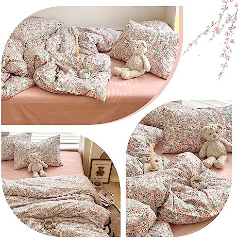 LIFETB Boho Floral Duvet Cover King Soft Cotton Aesthetic Bedding Sets French Style Pink Blue Flower Branches Chic Shabby Garden Comforter Botanical Size King(104/ inchsx90/ inchs)
