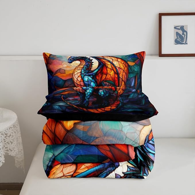Feelyou Dragon Comforter Set Full Size Dragon Stuff Comforter for Boys Girls Teens Wild Life Bedding Set Orange Blue Duvet Set Room Decor Quilt Set