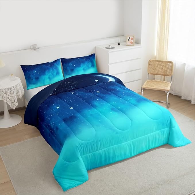 Aesthetic Bedding Set King,3 Piece Star Moon Galaxy Comforter Set for Kids,Kawaii Bed Set Star Space Down Comforter,Soft Reversible Starry Sky Duvet Insert with 2 Pillow Shams(Navy Blue Gradient)
