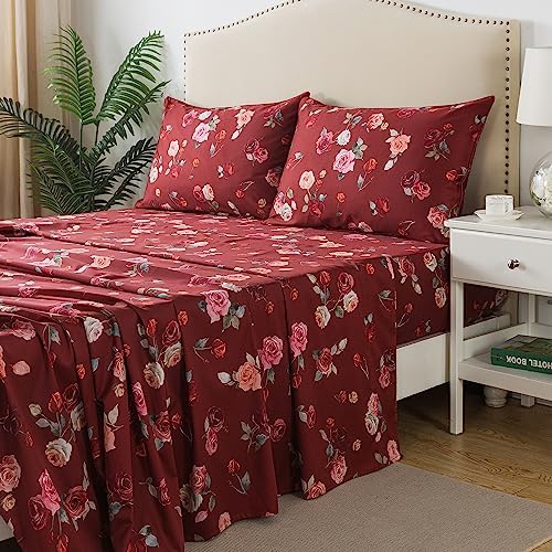 FADFAY Red Rose Sheets Set Full Vintage Rose Floral Bedding Chic Rose Flower Bed Sheets Shabby Farmhouse Bedding 100% Percale Egyptian Cotton 800 Thread Count Deep Pocket Fitted Sheet 4Pcs, Full Size