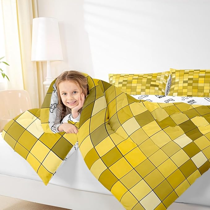 Pixelated Miners Game Kids Bedding Set King Size,Video Games Gamepad Gaming Comforter Set,Geometric Square Quilt Comforter,Yellow Bedroom Duvet Insert,2 Pillowcases
