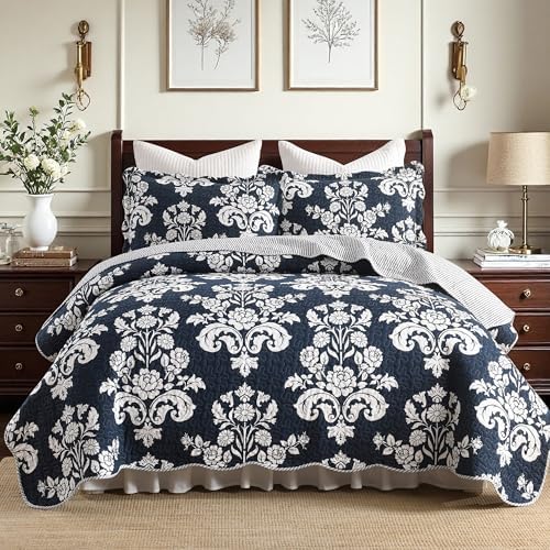 Navy Blue Quilt Set King Size, 100% Cotton Reversible Quilt Set