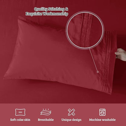 YIYEA Pillow Cases Queen Size Set of 4, Ultra Soft 1800TC Hotel Quality Double Brushed Microfiber Embroidered Pillowcases, Envelope Closure, Fade Resistant (20"x30", Burgundy)