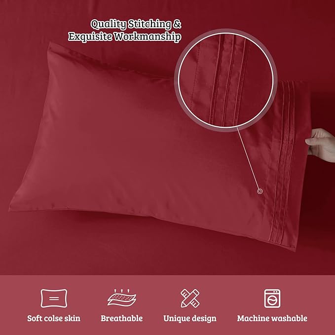 YIYEA California King Pillow Cases Set of 4, Ultra Soft 1800TC Hotel Quality Double Brushed Microfiber Embroidered Pillowcases, Envelope Closure, Fade Resistant (20"x40", Burgundy)