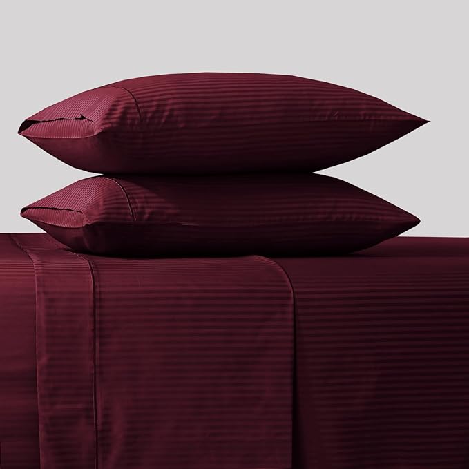 Feather & Stitch 500 TC Full Size Damask Bed Sheet Set, 100% Cotton Soft Breathable Bedsheets, 4 Piece 18" Deep Pockets Sateen Weave Striped Bedding Mattress Resort Hotel Luxury- (Burgundy Stripe)