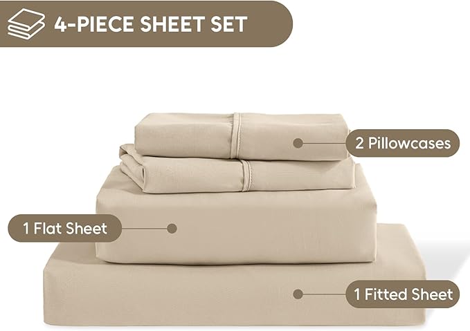 King Size Sheets Set, 4 Pieces Hotel Luxury Soft Microfiber Bed Sheets Set, Up to 16" Deep Pockets, Oeko-Tex Sheets with Elastic, Breathable, Wrinkle Free (Beige, King)