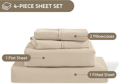 King Size Sheets Set, 4 Pieces Hotel Luxury Soft Microfiber Bed Sheets Set, Up to 16" Deep Pockets, Oeko-Tex Sheets with Elastic, Breathable, Wrinkle Free (Beige, King)