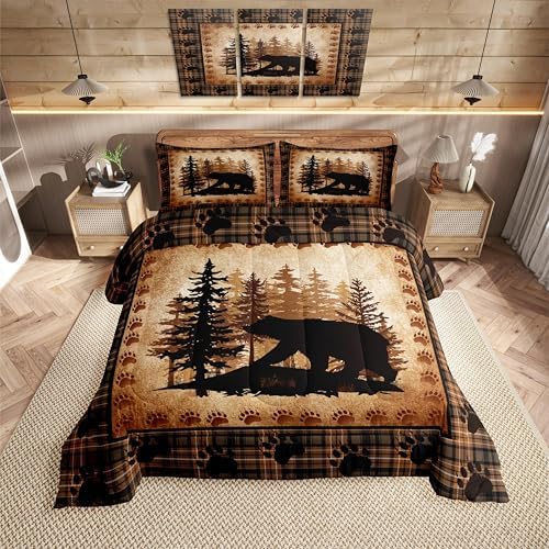 Castle Fairy Bear Print Comforter Set Queen Size,Wild Animal Hunt Pine Trees Retro Bedding Set for Women Adult,Rustic Grid Plaid Cabin Decor Luxury Bed Duvet Insert, 2 Pillowcases