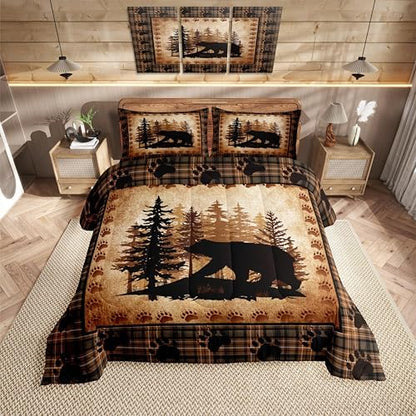 Castle Fairy Bear Print Comforter Set Queen Size,Wild Animal Hunt Pine Trees Retro Bedding Set for Women Adult,Rustic Grid Plaid Cabin Decor Luxury Bed Duvet Insert, 2 Pillowcases