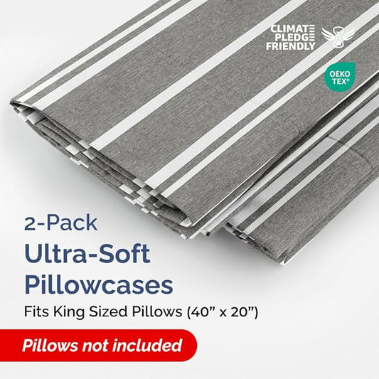 King Pillow Cases Set of 2 - Ultra Soft Hotel Quality Pillowcase Covers - Comfy, Cozy & Wrinkle Free - Shrinkage and Fade Resistant - Machine Washable Pillow Protectors - 2 Piece Set - Grey Stripes 3