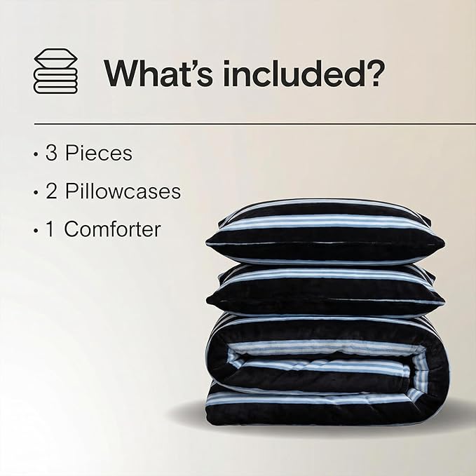 Bedbay Striped Comforter Set Fluffy Fleece Queen Comforter Set Soft Warm Flannel Velvet Comforter 3 Pcs Blue Black Striped Bedding Set Modern Stripes Pattern Queen Bed Set for All Seasons