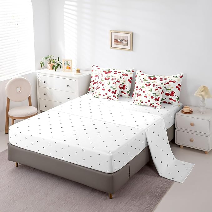 Cherry Twin Comforter Set with Sheets Bed in a Bag 7 Pcs,Red Cherry Fruits Rustic Style Bed Set,Watercolor Daisy Flowers Bedding Sets with Comforter,Flat,Fitted Sheet,Pillowcases,Pillow Covers