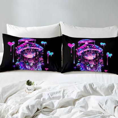 Erosebridal Mushroom Girl Fitted Sheet Queen 3D Japanese Girly Bed Sheets for Boys Girls Watercolor Graffiti Bed Set Cute Anime Gifts Sheets with 2 Pillowcases