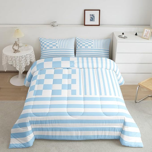 Blue Plaid Bedding Set King Size Fashion Buffalo Check Comforter Blue Stripes Geometric Comforter Set Modern Simple Style Duvet Set 3Pcs Quilt Set 1 Comforter Set with 2 Pillowcase