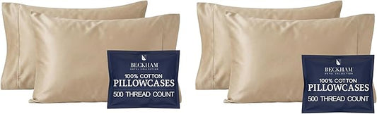 Beckham Hotel Collection Cotton Pillowcases King Size, 500TC, Sateen Finish, Open End, Breathable, Moisture-Wicking, Sand (4 Pieces)