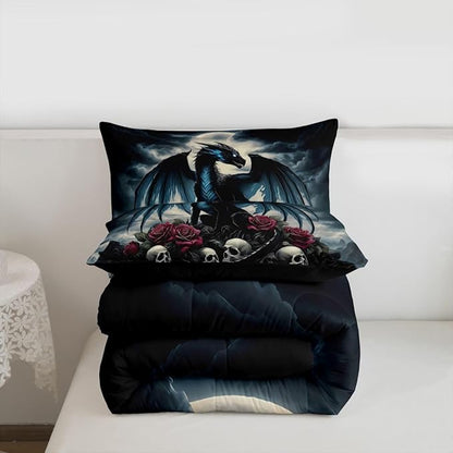 Feelyou Dragon Bedding Set Soft for Boys Girls,Dragon Stuff Comforter Set Queen Size Wild Life Duvet Quilt Microfiber Magic Wildlife Bedroom Decor Blackish 3 Pcs with 2 Pillow Cases