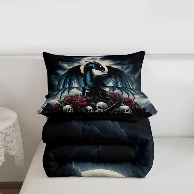 Feelyou Dragon Bedding Set Soft for Boys Girls,Dragon Stuff Comforter Set Full Size Wild Life Duvet Quilt Magic Wildlife Bedroom Decor Blackish 3 Pcs with 2 Pillow Cases