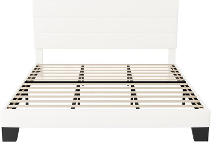 Allewie King Size Platform Bed Frame with Velvet Upholstered Headboard | Wooden Slats Support, Fully Upholstered Mattress Foundation, No Box Spring Needed, Easy Assembly, Noise-Free, White