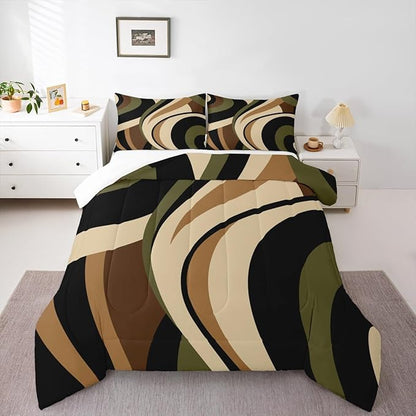 Castle Fairy Stripes Comforter Set Twin Size Brown Black Green Swirls Bedding Set 2pcs for Kids Boys Men Room Decor Vintage Abstract Styles Quilt Set Microfiber Duvet Insert with 1 Pillowcase