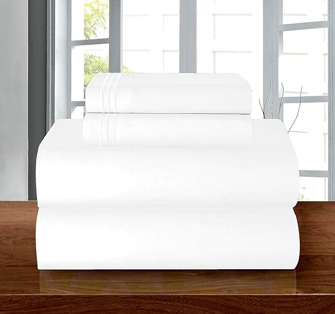 Elegant Comfort Luxury 1500 Premium Hotel Quality Microfiber 4-Piece Sheet Set - Wrinkle Resistant, All Around Elastic Fitted Sheet, Deep Pocket up to 16", RV Short Queen, White