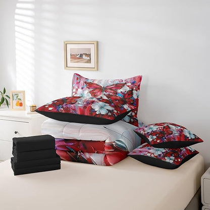 Erosebridal Girls Red Butterfly Full Comforter Set 7 Piece White Flowers Oil Painting Boho Bedding Set Retro Hippie Floral Butterfly Bed in A Bag for Kids Women,Aesthetics Bohemian Sheet Set