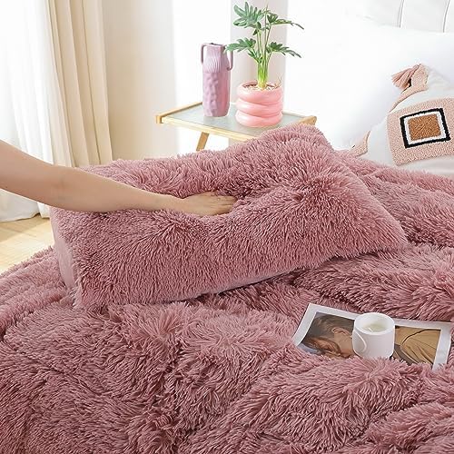 Smoofy Fluffy King Size Comforter Set, Old Pink Faux Fur Comforter Set 3Pcs