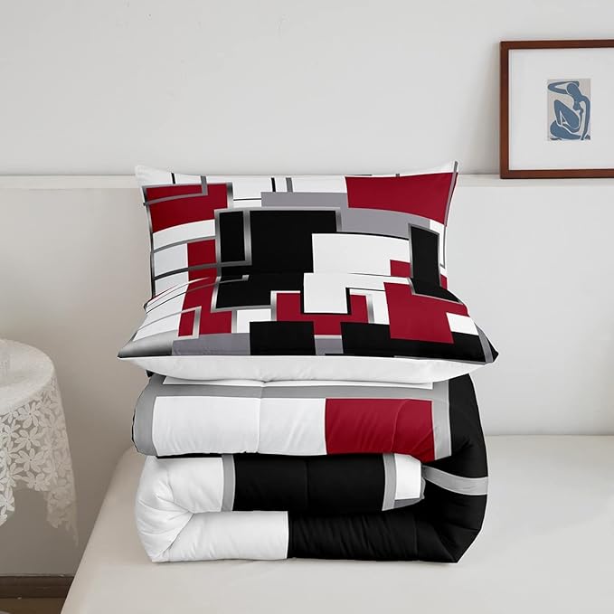 Erosebridal Modern Queen Comforter Set,Black White Red Bedding Set for Teens Youth Adult,Geometric Plaid Square Quilt Set,Contemporary Artwork Duvet Insert with 2 Pillowcases