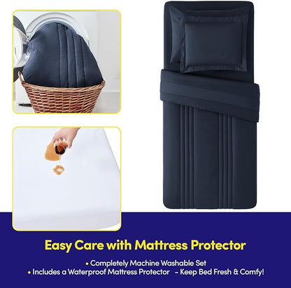 Twin Size Comforter Set Quilted Stripe Bedding Bundle – Comforter, Mattress Protector, Sheets with Pockets on the Side & Built-in Corner Strap – Fitted Sheet Media Pocket for Devices, Navy Blue