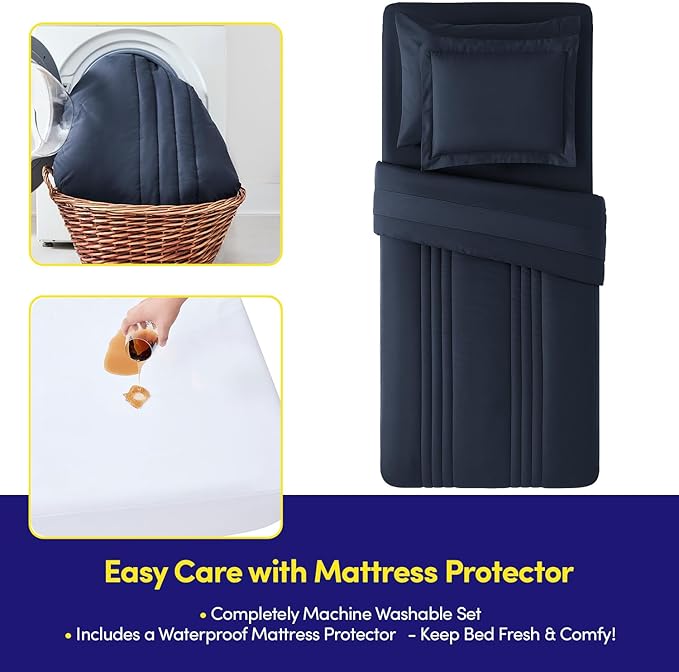 Dorm Room Essentials Twin XL Comforter Set – College-Ready Bundle with Comforter, Mattress Protector & Sheets with Pockets on the Side & Built-in Corner Strap – Media Pocket for Devices