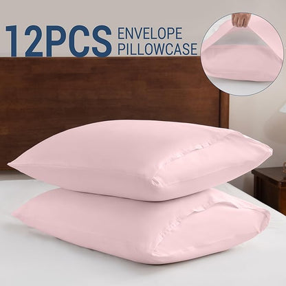 Pillowcases Standard 12 Pack, 20x26 Pillow Cases with Envelope Closure, Soft Plain Brushed Microfiber Covers Breathable Wrinkle-Resistant, Pink