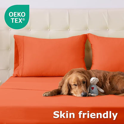 California King Size Bed Sheet Set - 4 Piece Soft Microfiber Sheets with Deep Pockets, Cooling Technology, and Wrinkle-Free Pillowcase. Hotel-Quality, Durable Bedding, Bright Orange