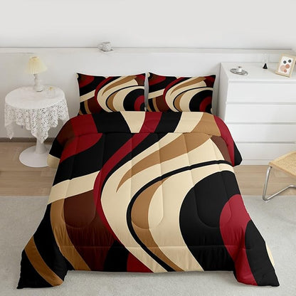 Black Red Brown Comforter Set Full Size Vintage Abstract Stripes Bedding Set for Kids Girls Women Adult Bedroom Decor Geometric Circle Waves Quilt Set Soft Polyester Duvet Insert 3pcs
