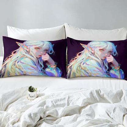 Anime Girl Bed Sheets 3D Japanese Bedding Set Kawaii Girly Fitted Sheet with Deep Pocket, Anime Lovers Gifts Fitted Bed Sheets Soft Lightweight Sheets for All Season, Queen 3Pcs