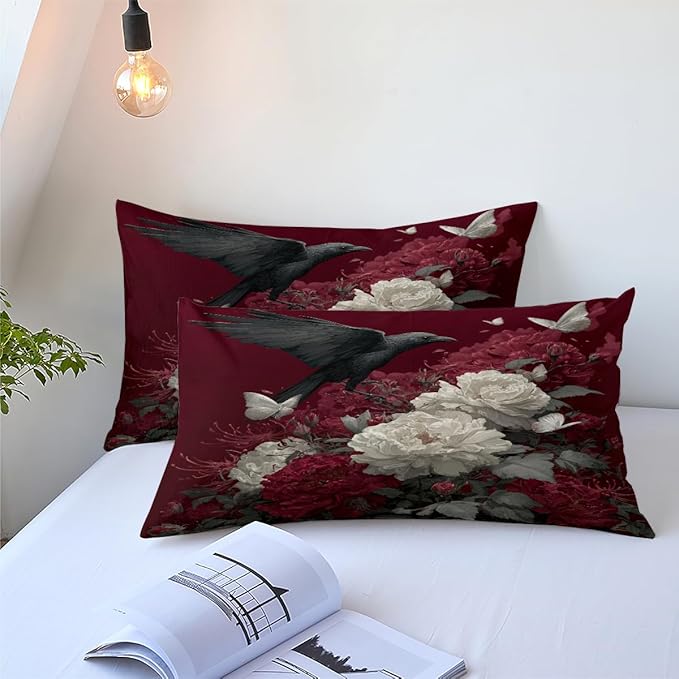 5Pcs Twin Size Vintage Botanical Flowers Comforter Set for Girls, Black Crows Bedding Sets, 100% Washed Microfiber, 1 Comforter 68"x 90" and 2 Pillowcases, 1 Fitted Sheet, 1 Flat Sheet