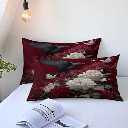 7Pcs Twin Size Bed in A Bag for Women, Vintage Botanical Flowers Comforter Sets(1 Red Rose Comforter 68"x 90" and 2 Pillowcases, 1 Fitted Sheet, 1 Flat Sheet, 2 Pillow Shams)