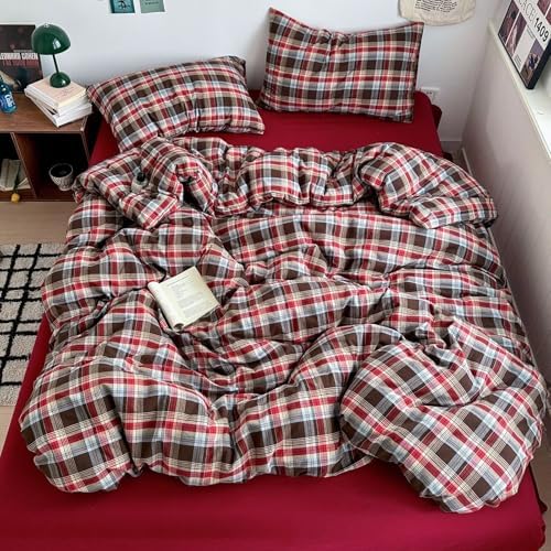 mixinni Vintage Red & Brown Buffalo Plaid Duvet Cover Set Full Size - 3 Piece Washed Cotton Bedding Set with Classic Checkered Pattern, Cozy Farmhouse Duvet Cover with Pillowcases for All Seasons