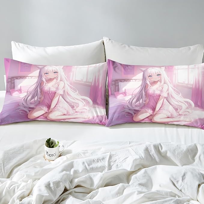 Erosebridal Queen Size Japanese Anime Fitted Sheet for Kids, Anime Girl Bedding Set Kawaii Japanese Style Bed Sheets Cartoon Japan Animation Bed Set for Boys Teen Adult Women Bedroom,Pink