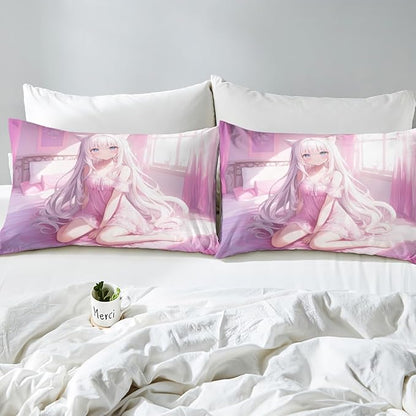 Erosebridal Full Size Japanese Anime Fitted Sheet for Kids, Anime Girl Bedding Set Kawaii Japanese Style Bed Sheets Cartoon Japan Animation Bed Set for Boys Teen Adult Women Bedroom,Pink