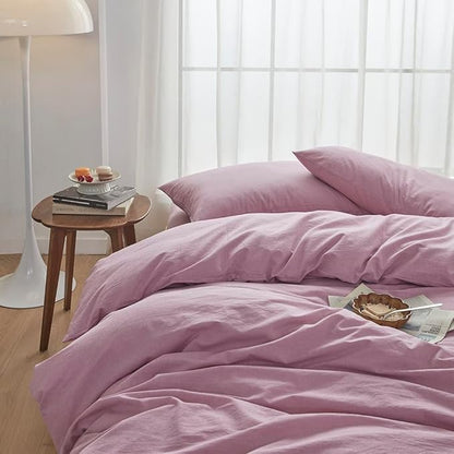 FACE TWO FACE Bedding Duvet Cover Set 3 Pieces 100% Washed Cotton Duvet Cover Linen Like Textured Breathable Durable Soft Comfy (King, Pink Purple.)