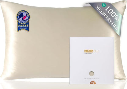 ZIMASILK 100% Pure Mulberry Silk Pillowcase for Hair and Skin Health,Soft and Smooth,Both Sides Premium Grade 6A Silk,600 Thread Count,with Hidden Zipper,1pc (Queen 20''x30'',Beige)